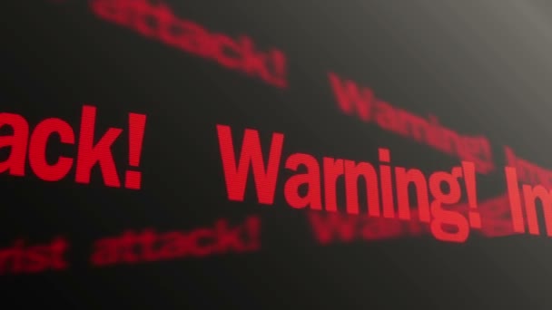 Texto de aviso de ataque terrorista iminente em execução na tela da TV. Sistema de segurança — Vídeo de Stock