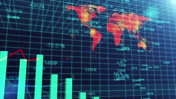 Diagramme à barres animé fluctuant sur fond de carte du monde, crise économique mondiale — Video