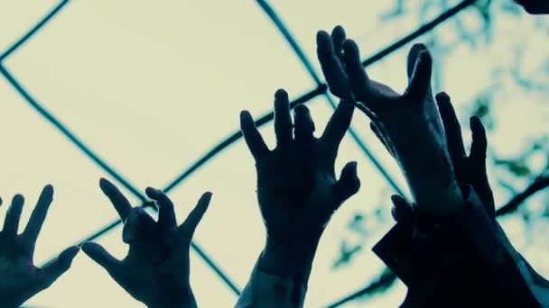 Hände von Geiseln strecken sich hoffnungslos in die Höhe, grauer Himmel durch Gefängnisgitter gesehen — Stockvideo