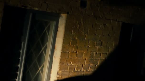 Horrorfilm, dunkler Schatten des Mörders, der Opfer mit Mordwaffe schlägt, Alptraum — Stockvideo