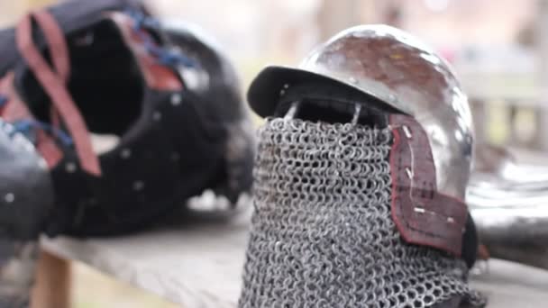 Rainy day at medieval military camp, knight's armour suit ready for final battle — Stock Video