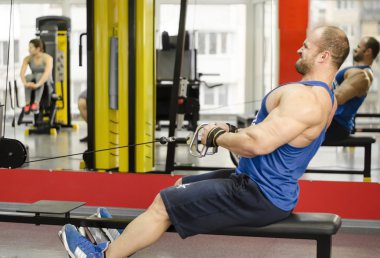 Young male with strained face doing cable row exercises, guy building muscles