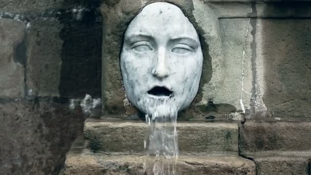 Horizontal pan of two marble fountain sculptures with horrifying grotesque faces — Stock Video