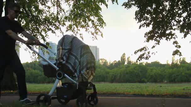 基辅，乌克兰-大约在 7 月，2015年: 公园里的人。行走在婴儿推车婴儿的父亲，母亲和女儿喜欢滑旱冰 — 图库视频影像