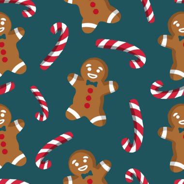 Koyu yeşil arka planda şeker kamışı desenli Noel zencefilli ekmek. Sevimli el çizimi çizgi film tarzı.