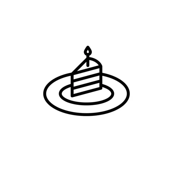 Birthday Cake Candle Vector Icon Outlined Slice Cake Candle Plate — Stock Vector