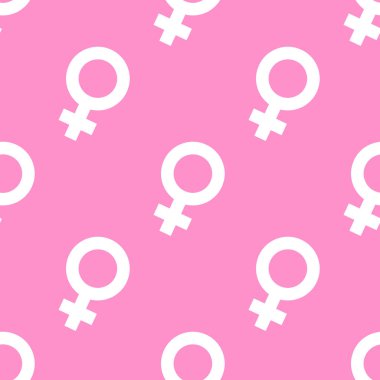 Pembe arka planda kusursuz kadın sembolleri. Kız gücü geçmişi için beyaz kadın işaretleri. Düz stil. Vektör illüstrasyonu.