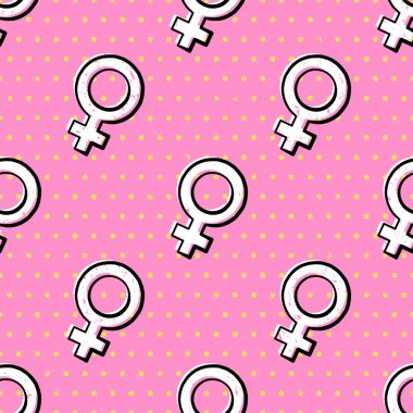 Kadın sembolleri ve kız gücü geçmişi için noktasız benekli desenler. Beyaz kadın işaretleri ve pembe arka planda sarı noktalar. Vektör illüstrasyonu.
