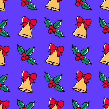 Modaya uygun Noel şablonu, Holly ve menekşe arka planda el çanlarıyla. Kırmızı kurdeleli çizgi film tarzı