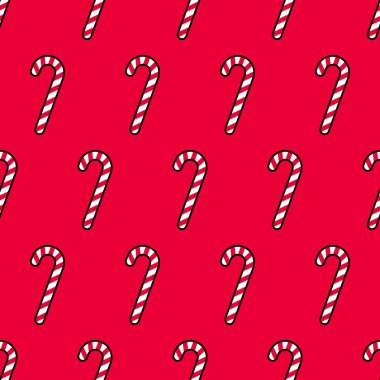 Parlak kırmızı arka planda şeker kamışları olan kusursuz bir Noel deseni. Çizgi film tarzı. Vektör illüstrasyonu