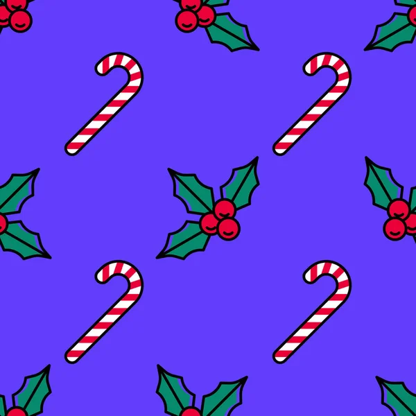 Trendy Christmas seamless pattern with holly berries and candy canes on a violet background. Cartoon style. Vibrant colors. — Stock Vector