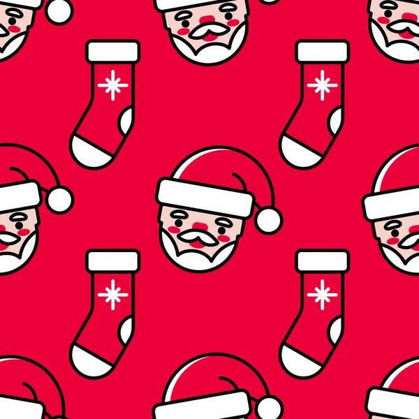 Christmas seamless pattern with Santa head and Santa socks on a bright red background. Vibrant colors. — Stock Vector