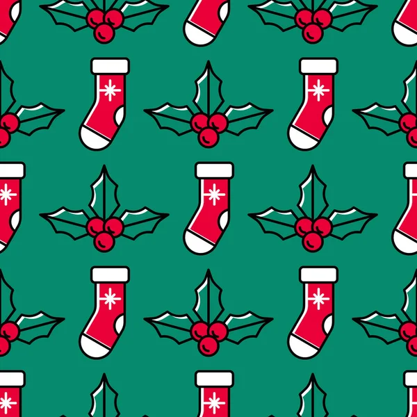 Christmas seamless pattern with Santa socks and holly on a green background. Red Santa socks and ilex with berries — Stock Vector