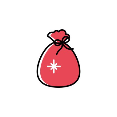 Noel Baba çuval taşıyıcı ikonu çizgi film tarzında. Beyaz arka planda izole edilmiş şirin kırmızı Noel Babalar hediye çantası..