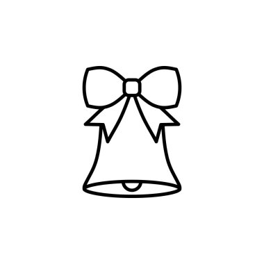 Çizgi sanatında kurdele vektör ikonu olan bir Noel çanı. Beyaz arka planda izole edilmiş kurdeleli şirin bir çan. Çan doğrusal simgesi. Noel ve Yeni Yıl dekorasyonu. Boyama kitabı illüstrasyonu.