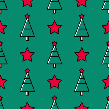 Noel ağaçları ve kırmızı yıldızların minimalist tarzda yeşil arka planda olduğu kusursuz bir Noel deseni. Noel ve Yeni Yıl için şirin renkli bir geçmiş. Çizgi film tarzı. Vektör illüstrasyonu