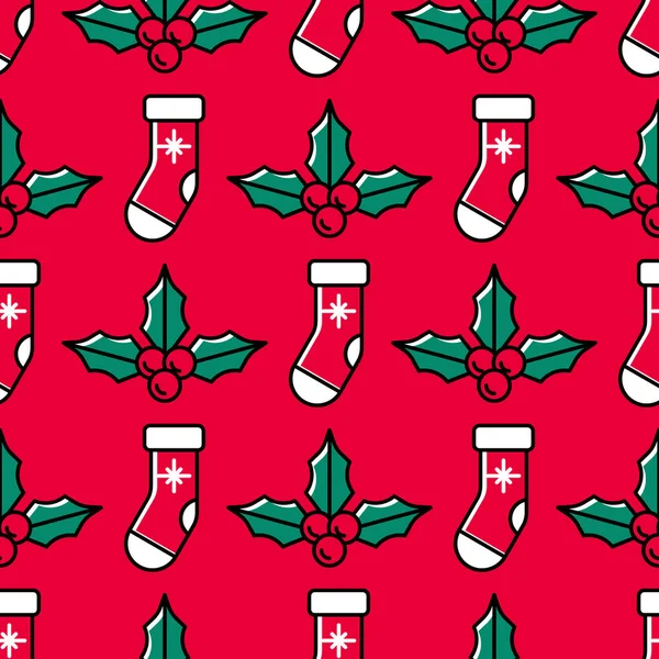 Christmas Seamless Pattern Santa Socks Holly Bright Red Background Cute — Stock Vector