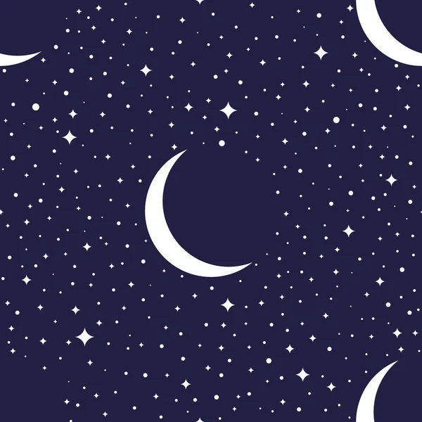 Nachtelijke hemel naadloos patroon op een donkerblauwe achtergrond. Achtergrond met sterrenhemel. Maan halve maan en sterren aan de nachtelijke hemel — Stockvector