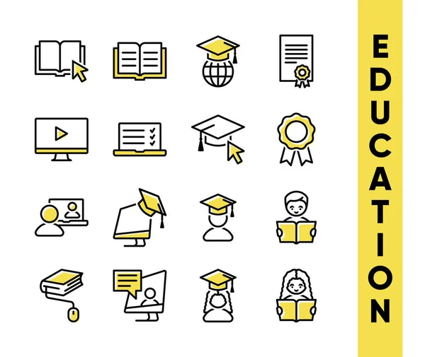 Trendige Bildungs-Vektorsymbole für Online-Bildung, freiberufliche Tätigkeit und Online-Geschäft. Schwarz-gelb. Minimalistisch — Stockvektor
