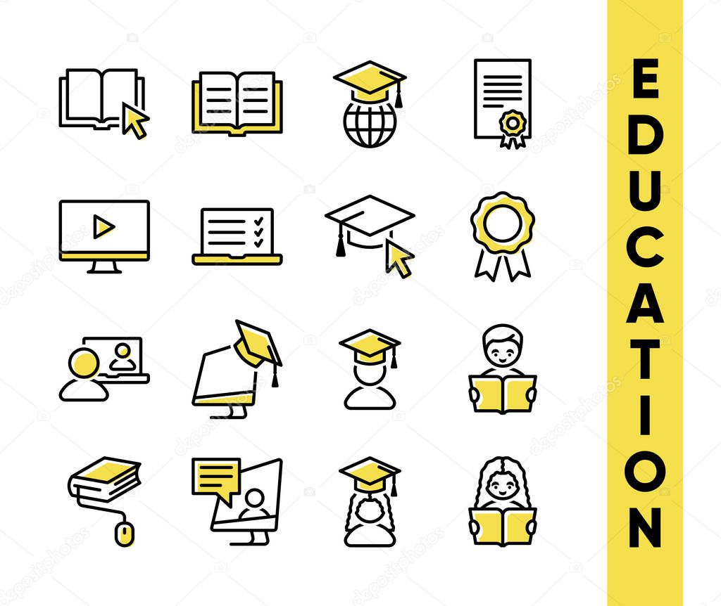 Trendy education vector icons set for online education, freelance, online business. Black and yellow colors. Minimalist
