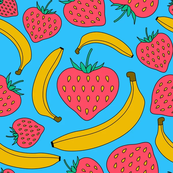 Patrón sin costuras de fresa y plátano sobre un fondo azul brillante. Fresas y plátanos en estilo de dibujos animados de moda. — Vector de stock