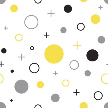 2021 yılının beyaz, sarı ve gri renklerinde geometrik kusursuz desen. Memphis stilinde modaya uygun soyut desen