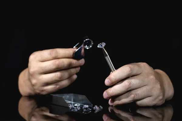 Jeweller Hands Holding Diamond Man Working Precious Gem Stones Loupe — Stock Photo, Image