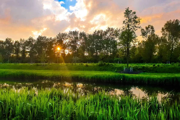 Su kütlesi ve bulutlu gökyüzü ile gün batımı. Doğadan farklı renk kalıpları.