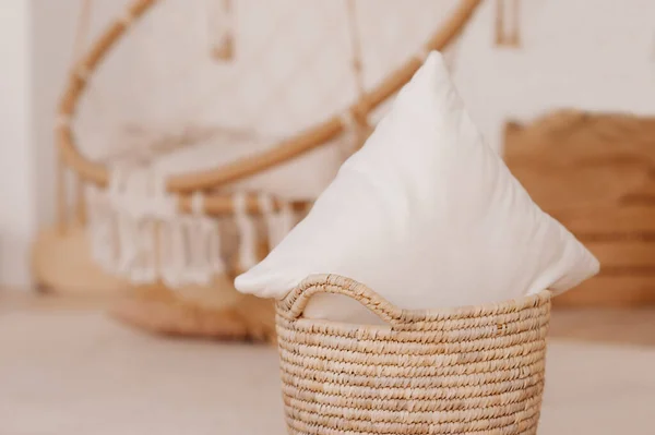 Light Interior Made Natural Eco Components Wicker Straw Basket White — Stock Photo, Image