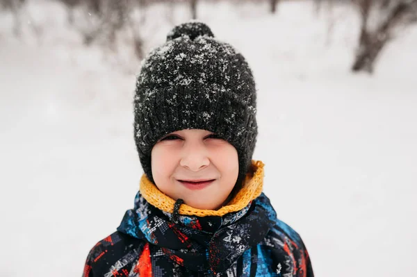 Preschool Boy Warm Hat Yellow Snood Winter Waterproof Jacket Portrait — Stock Photo, Image