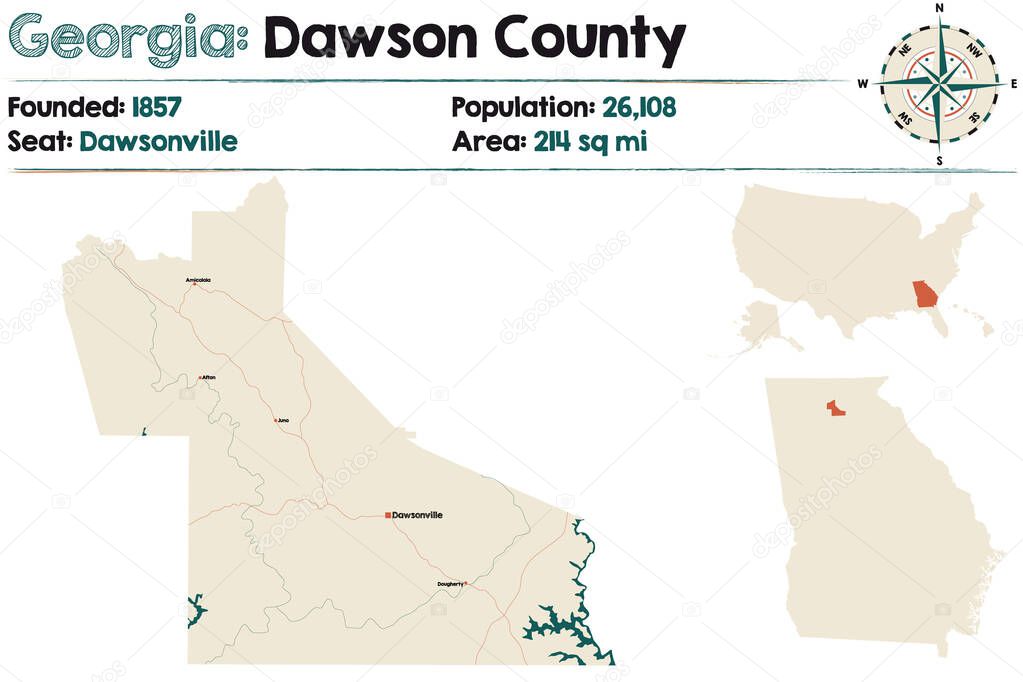 Large and detailed map of Dawson county in Georgia, USA.