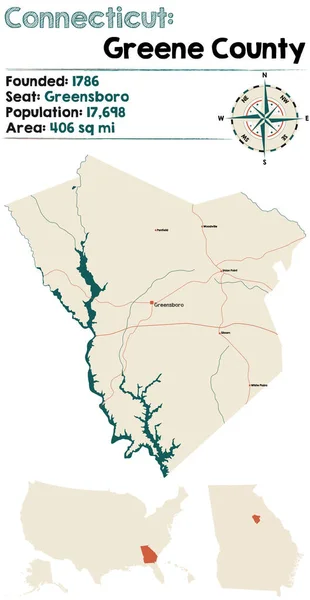 Mapa Grande Detalhado Condado Greene Geórgia Eua —  Vetores de Stock