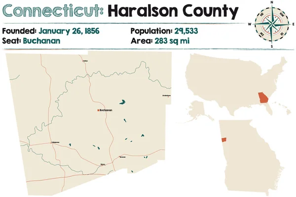 Mapa Grande Detalhado Condado Haralson Geórgia Estados Unidos América —  Vetores de Stock