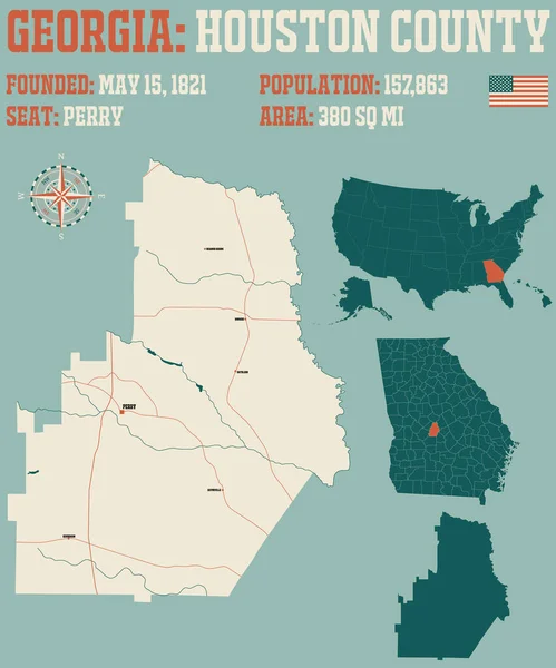 美国佐治亚州休斯顿县的大而详细的地图 — 图库矢量图片
