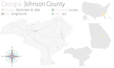 ABD 'nin Georgia eyaletindeki Johnson ilçesinin geniş ve ayrıntılı haritası..