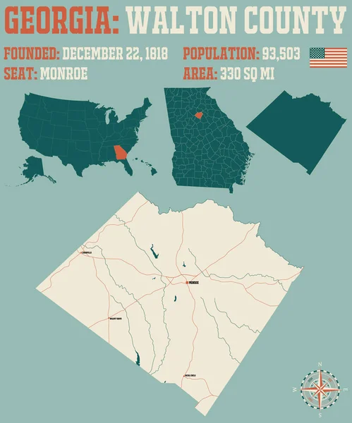 Mapa Grande Detallado Del Condado Walton Georgia Estados Unidos — Archivo Imágenes Vectoriales