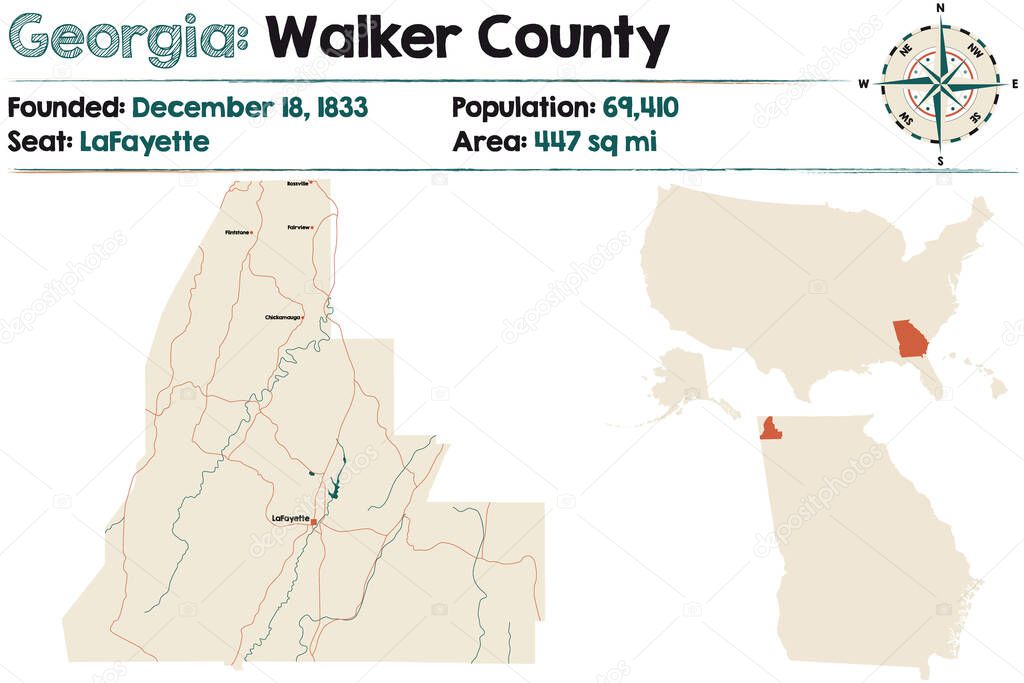 Large and detailed map of Walker county in Georgia, USA.