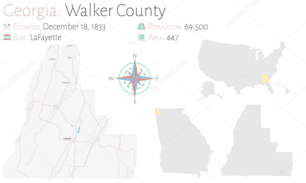 Large and detailed map of Walker county in Georgia, USA.