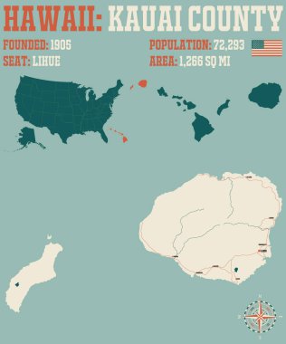 Hawaii, ABD 'deki Kauai ilçesinin geniş ve ayrıntılı haritası..