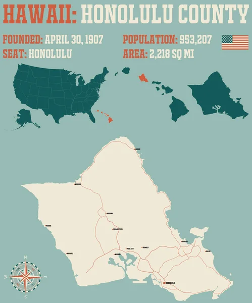 Mapa Grande Detallado Del Condado Honolulu Hawaii Estados Unidos — Archivo Imágenes Vectoriales