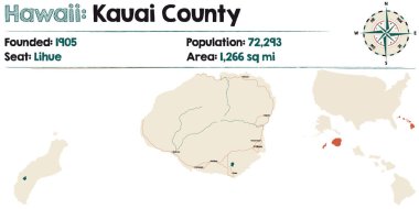 Hawaii, ABD 'deki Kauai ilçesinin geniş ve ayrıntılı haritası..