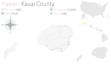 Hawaii, ABD 'deki Kauai ilçesinin geniş ve ayrıntılı haritası..