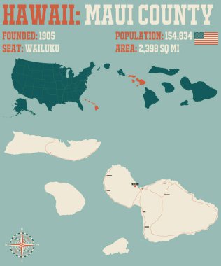 Hawaii, ABD 'deki Maui ilçesinin geniş ve detaylı haritası..