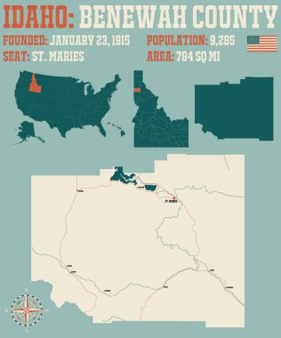 Idaho, ABD 'deki Benewah ilçesinin geniş ve ayrıntılı haritası..