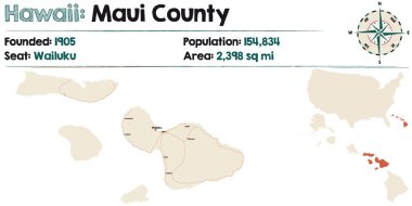 Hawaii, ABD 'deki Maui ilçesinin geniş ve detaylı haritası..