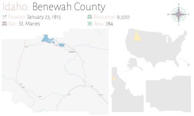 Idaho, ABD 'deki Benewah ilçesinin geniş ve ayrıntılı haritası..