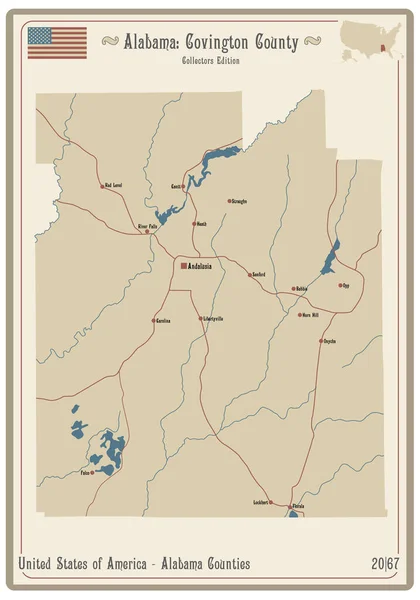 Mapa Starej Wizytówce Hrabstwa Covington Alabamie Usa — Wektor stockowy