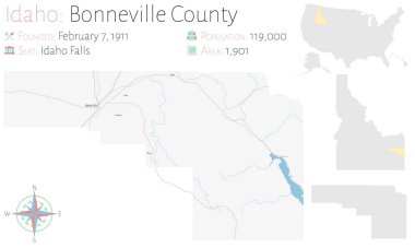 Idaho, ABD 'deki Bonneville ilçesinin geniş ve ayrıntılı haritası..