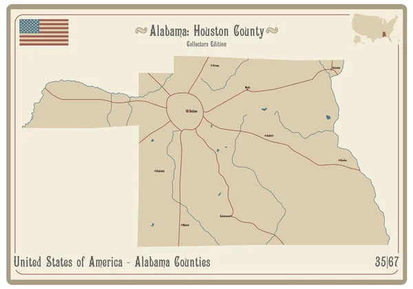 Mapa Starej Wizytówce Hrabstwa Houston Alabamie Usa — Wektor stockowy