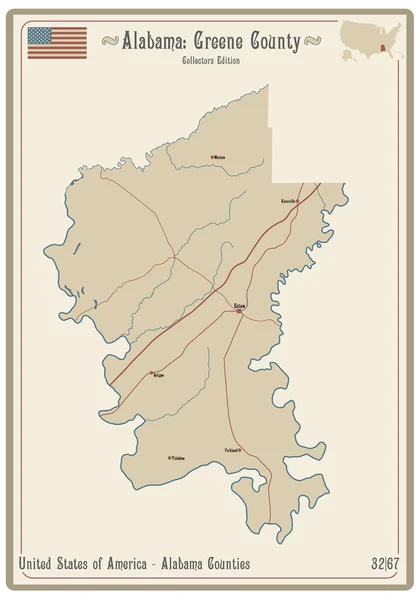 美国阿拉巴马州格林县一张旧扑克牌地图 — 图库矢量图片